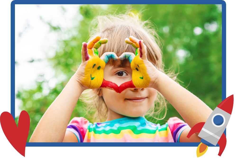 Child making a heart with her hands and putting it over her eye. FAQ