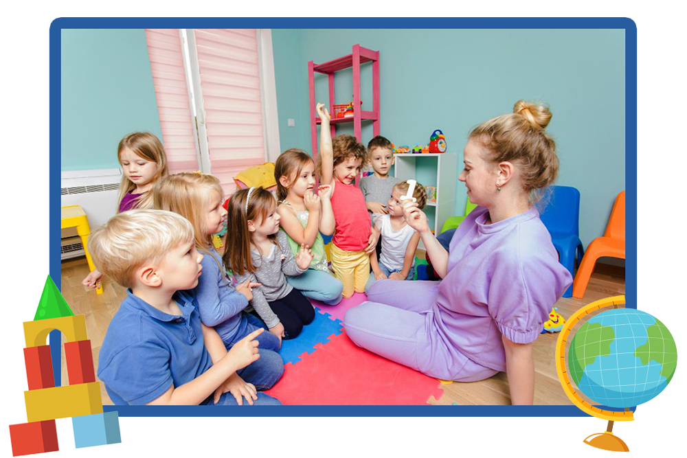 Kids with their teacher on a floor mat learning.