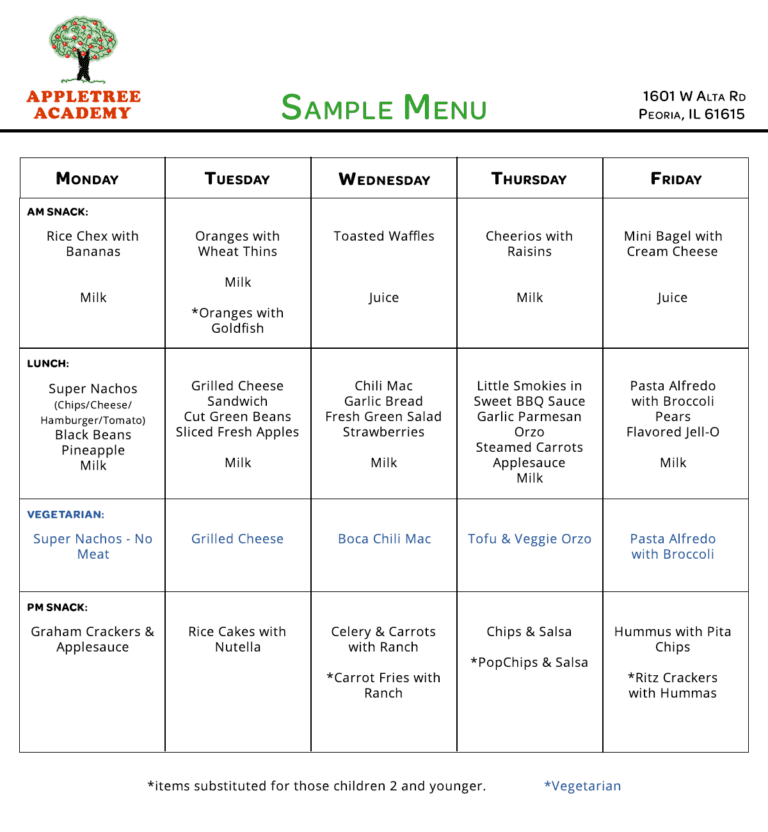 Sample Menus Apple Tree Academy Peoria, IL